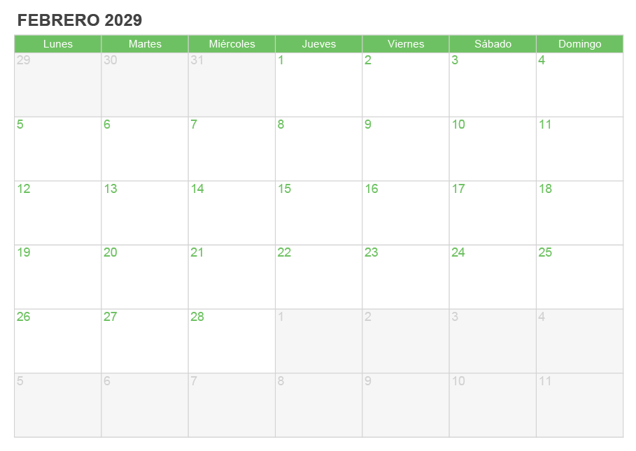 Calendario febrero 2029 para escribir e imprimir Calendario febrero 2029 para escribir e imprimir