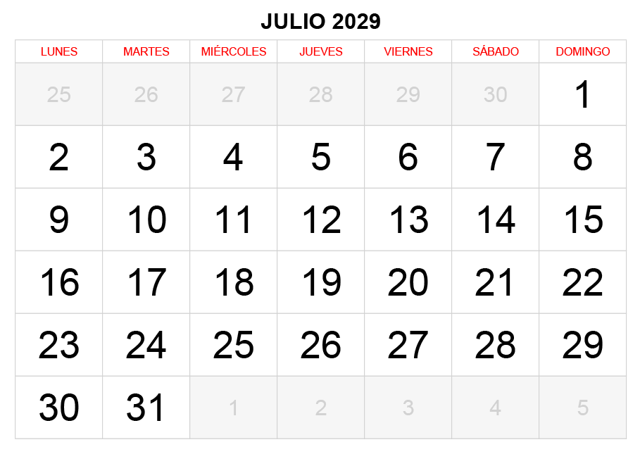 Calendario julio 2029 formato clásico para imprimir