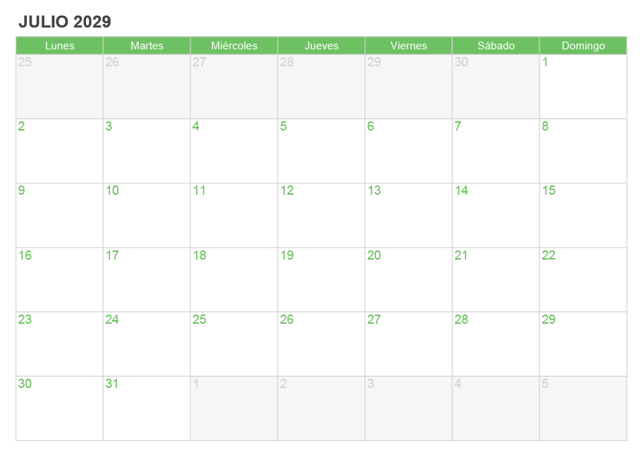 Calendario julio 2029 para escribir e imprimir