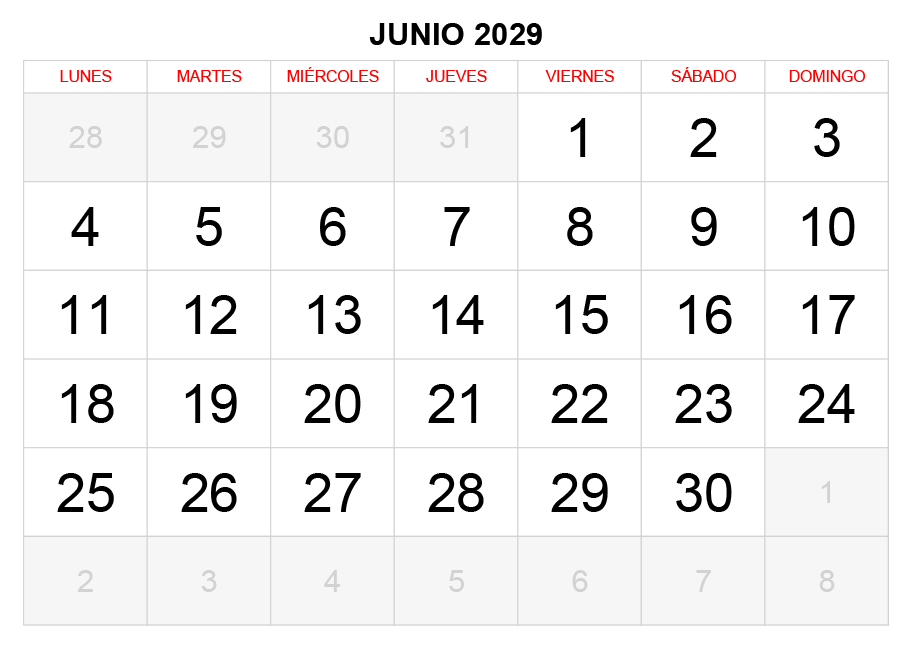Calendario junio 2029 formato clásico para imprimir