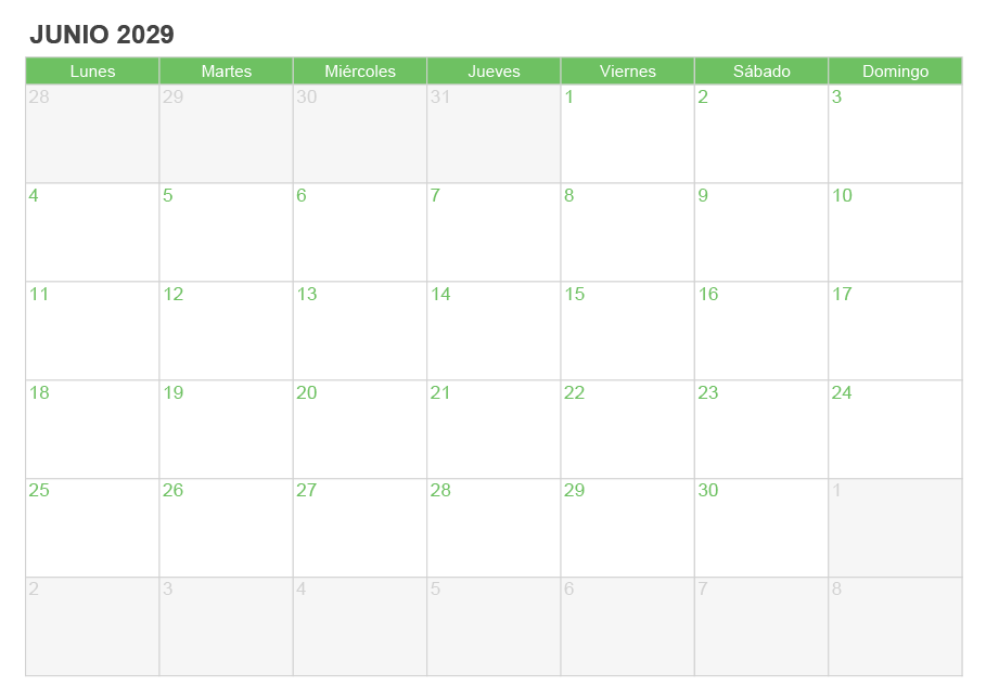 Calendario junio 2029 para escribir e imprimir