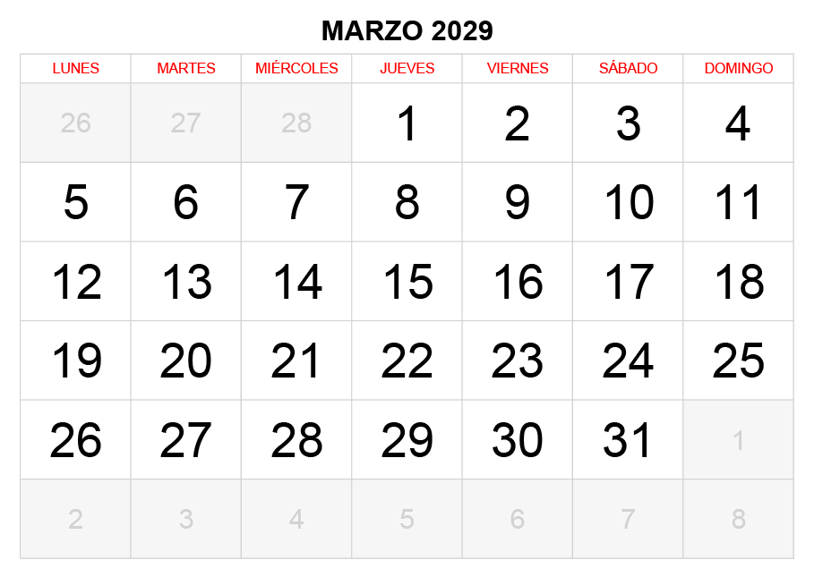 Calendario marzo 2029 formato clásico para imprimir