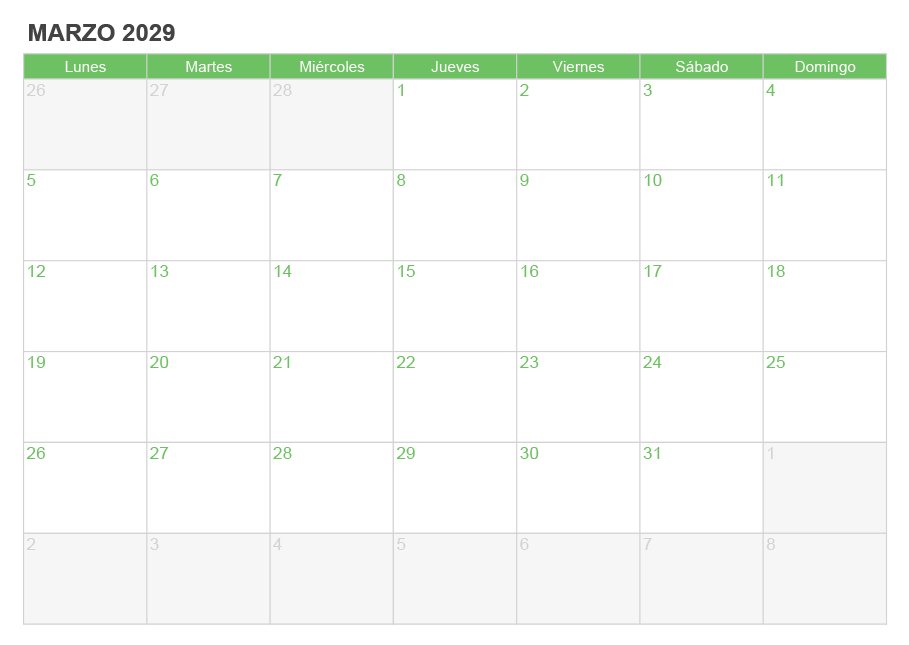 Calendario marzo 2029 para escribir e imprimir