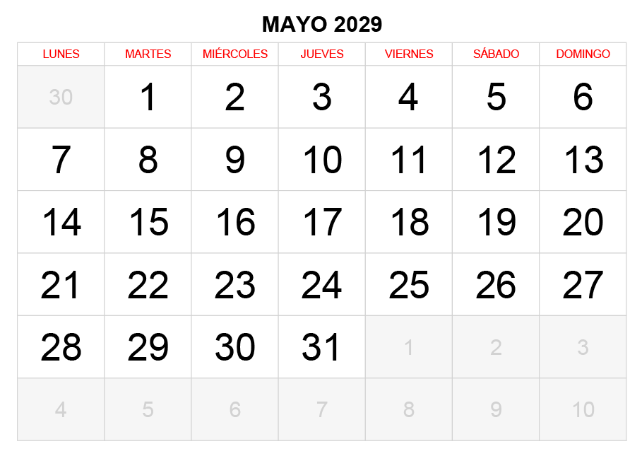 Calendario mayo 2029 formato clásico para imprimir