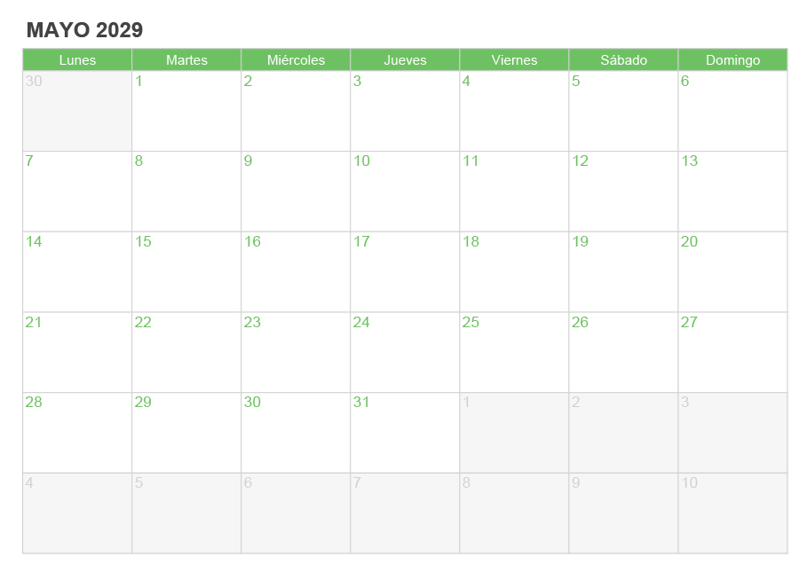 Calendario mayo 2029 para escribir e imprimir