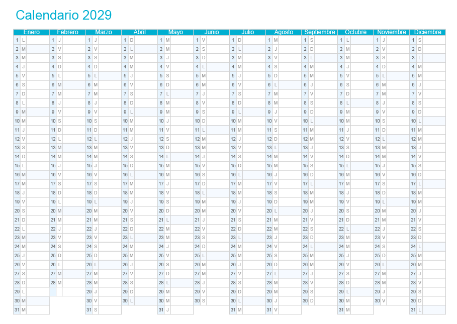 Calendario mensual 2029 en una sola hoja para imprimir