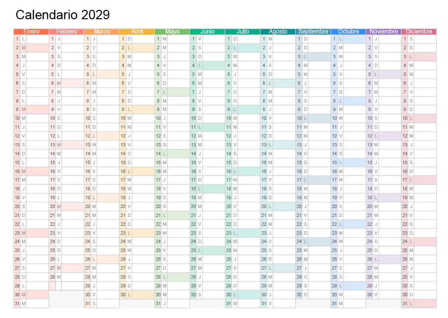 Calendario mensual 2029 con colores para imprimir