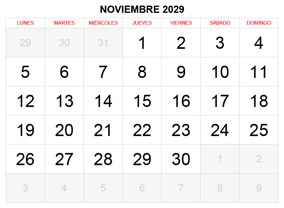 Calendario noviembre 2029 formato clásico para imprimir