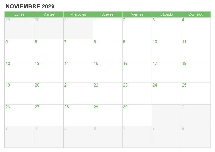 Calendario noviembre 2029 para escribir e imprimir