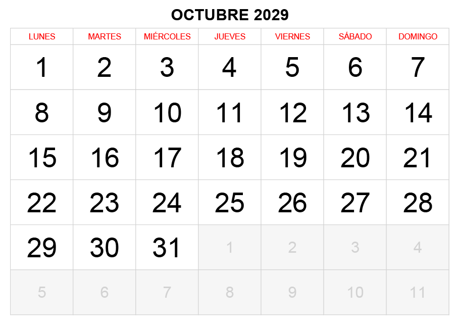 Calendario octubre 2029 formato clásico para imprimir