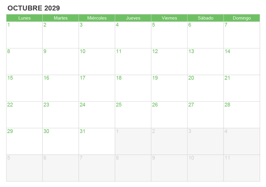 Calendario octubre 2029 para escribir e imprimir