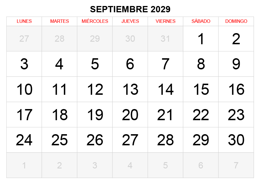 Calendario septiembre 2029 formato clásico para imprimir