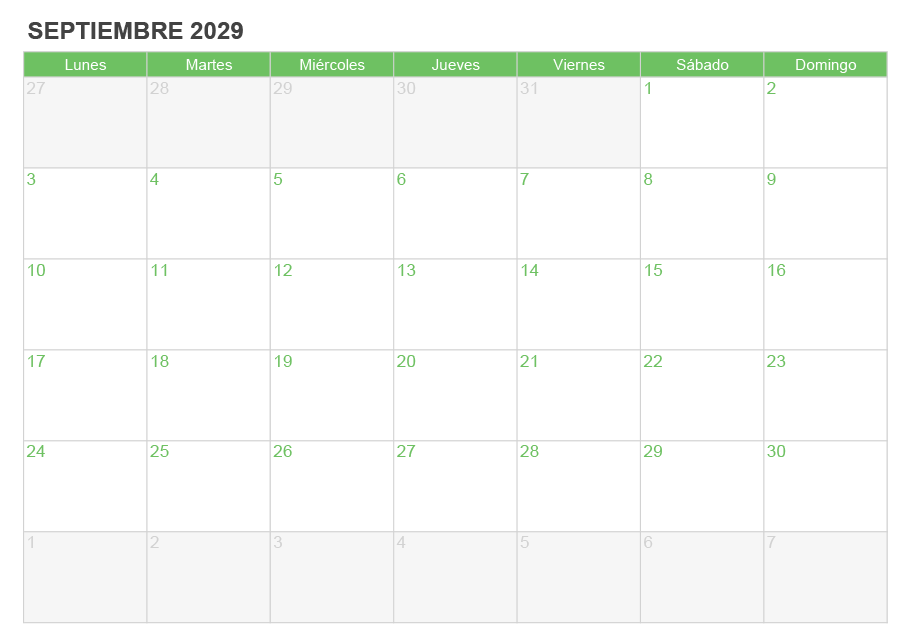 Calendario septiembre 2029 para escribir e imprimir