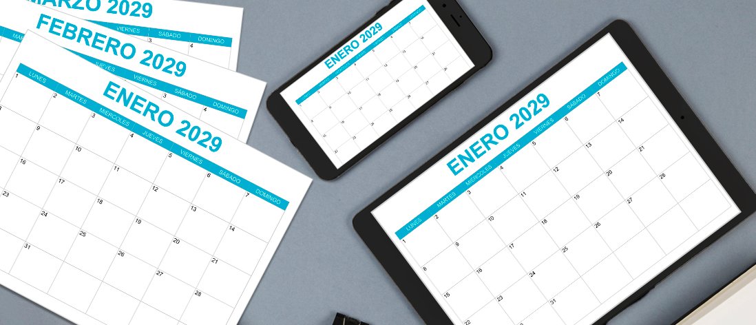 Descarga gratis el calendario mensual 2029 en PDF y JPG para imprimir, diseño minimalista para planificación mensual.