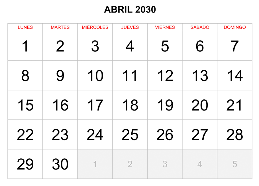Calendario abril 2030 formato clásico para imprimir