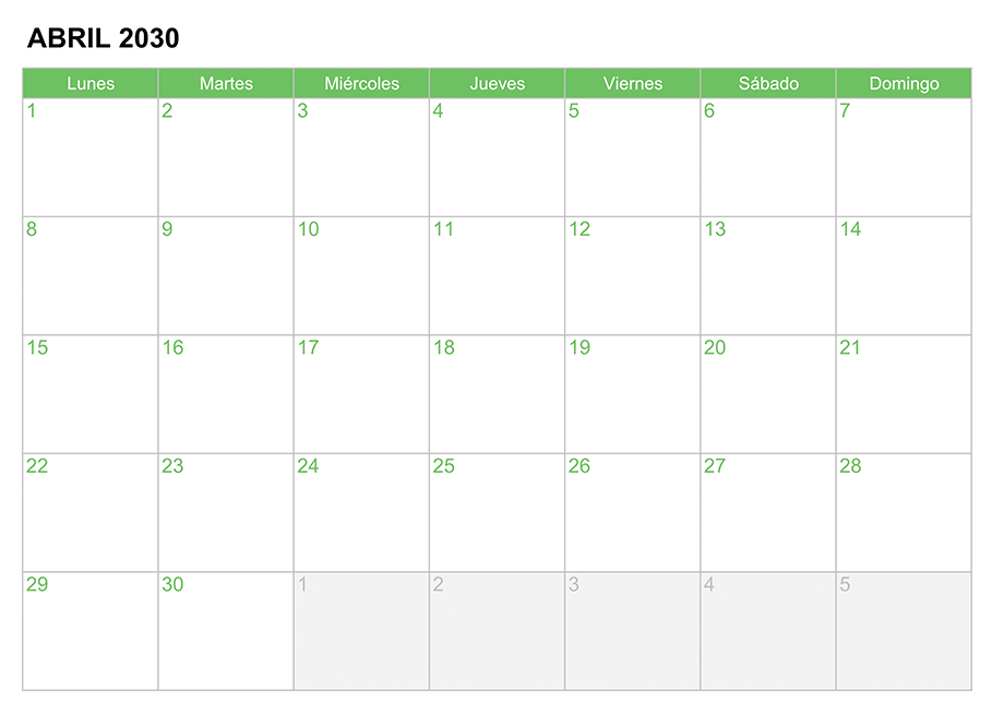 Calendario abril 2030 para escribir e imprimir