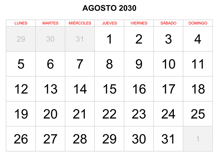 Calendario agosto 2030 formato clásico para imprimir