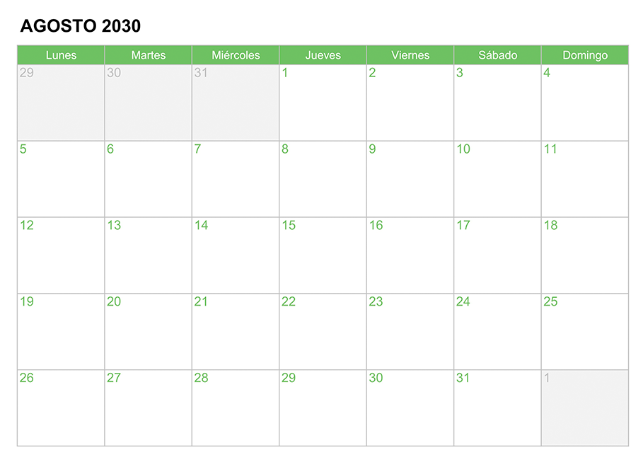Calendario agosto 2030 para escribir e imprimir