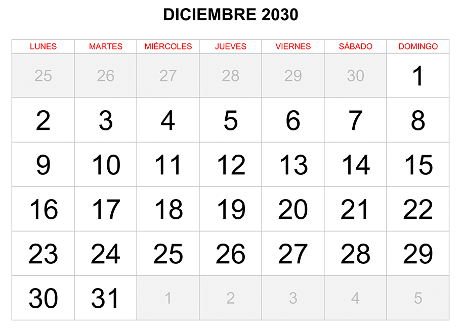 Calendario diciembre 2030 formato clásico para imprimir Calendario diciembre 2030 formato clásico para imprimir