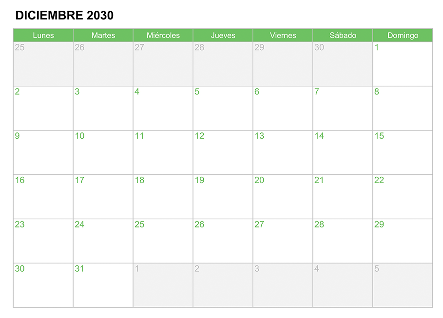 Calendario diciembre 2030 para escribir e imprimir Calendario diciembre 2030 para escribir e imprimir