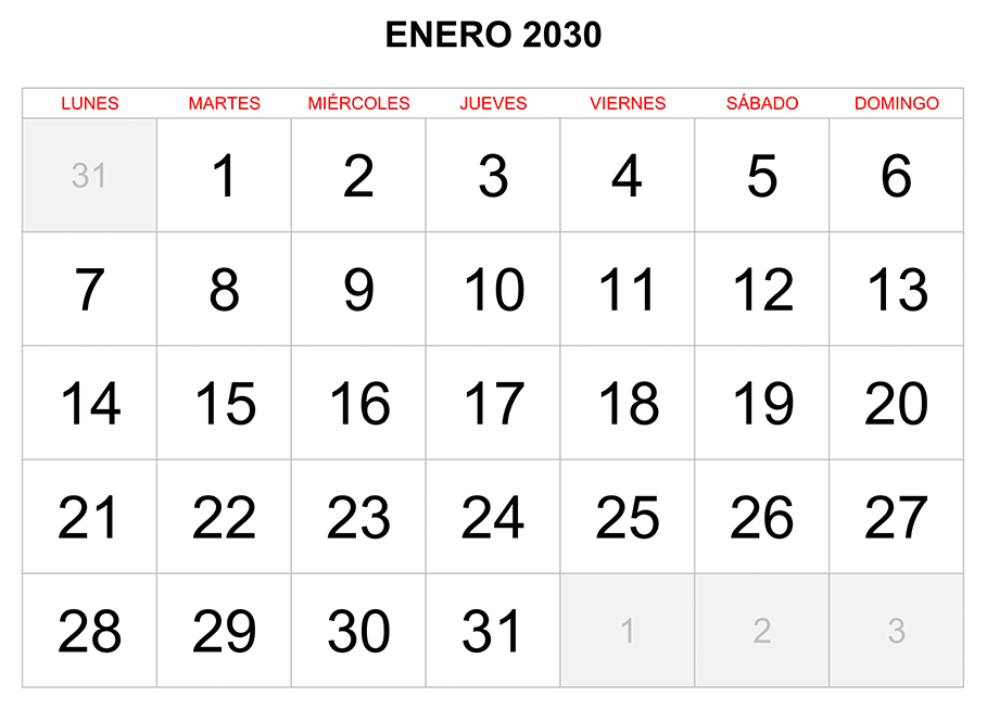 Calendario enero 2030 formato clásico para imprimir