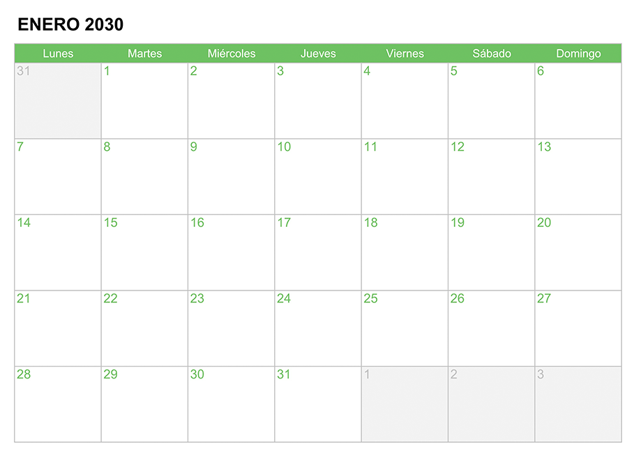Calendario enero 2030 para escribir e imprimir