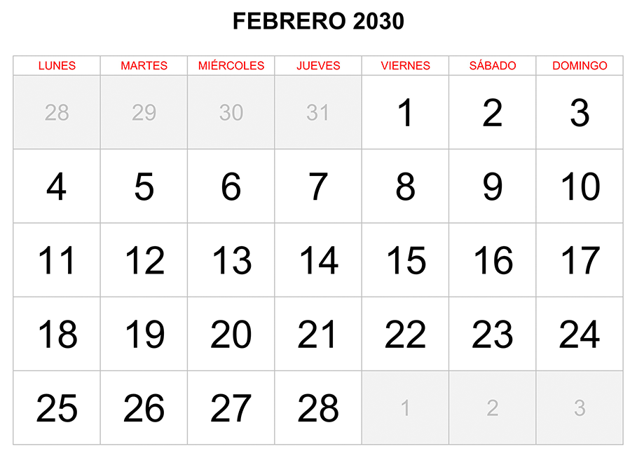 Calendario febrero 2030 formato clásico para imprimir Calendario febrero 2030 formato clásico para imprimir