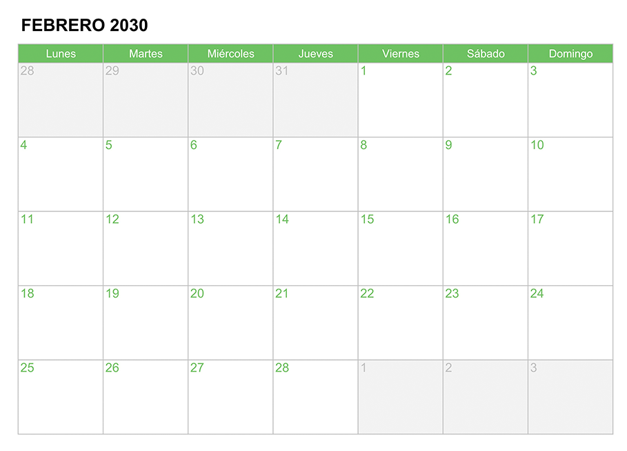 Calendario febrero 2030 para escribir e imprimir Calendario febrero 2030 para escribir e imprimir