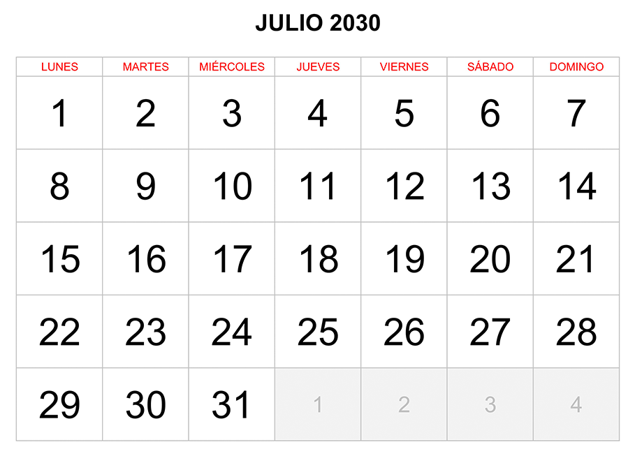 Calendario julio 2030 formato clásico para imprimir