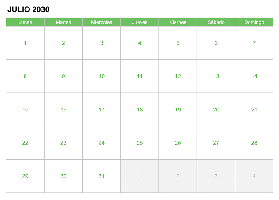 Calendario julio 2030 para escribir e imprimir