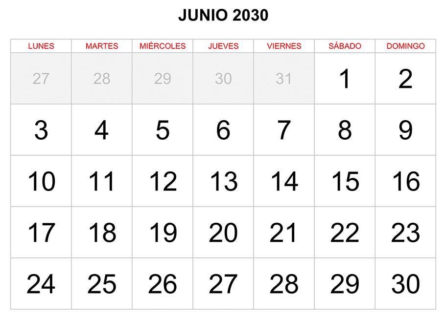 Calendario junio 2030 formato clásico para imprimir