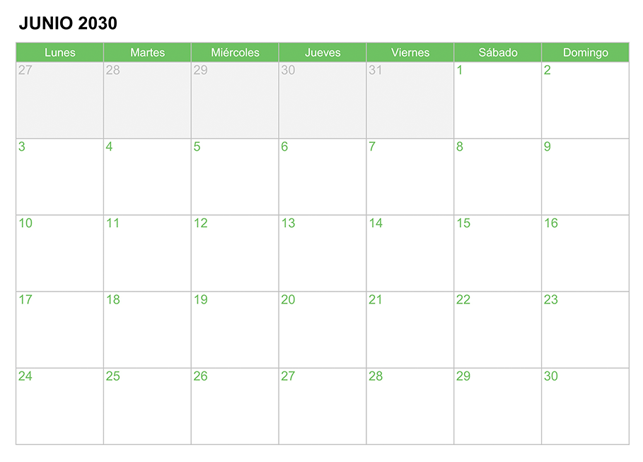 Calendario junio 2030 para escribir e imprimir