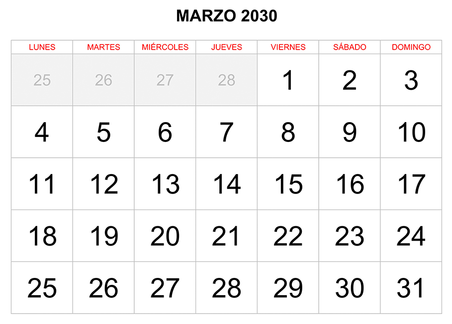 Calendario marzo 2030 formato clásico para imprimir