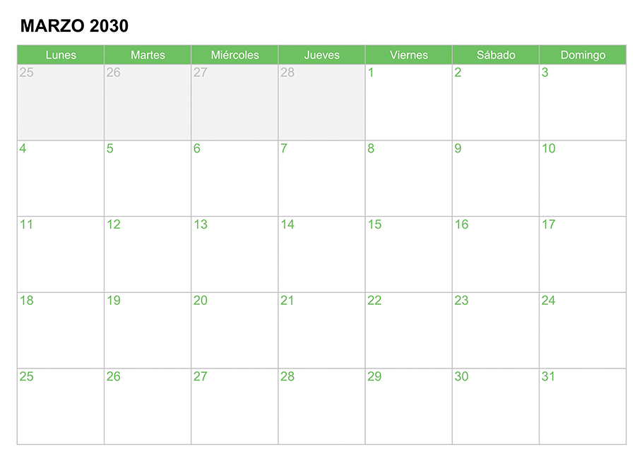 Calendario marzo 2030 para escribir e imprimir