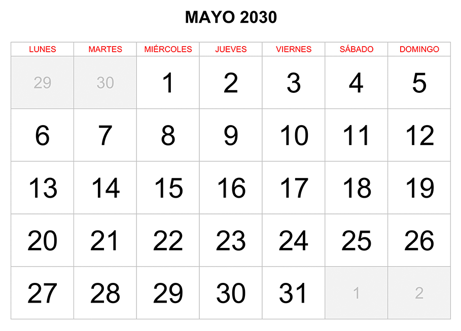 Calendario mayo 2030 formato clásico para imprimir