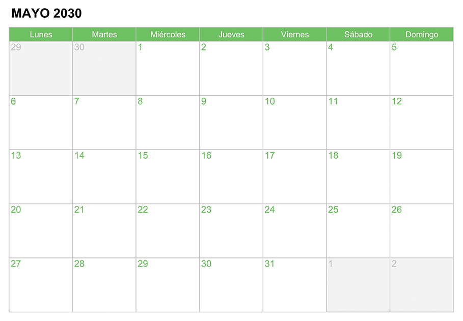 Calendario mayo 2030 para escribir e imprimir
