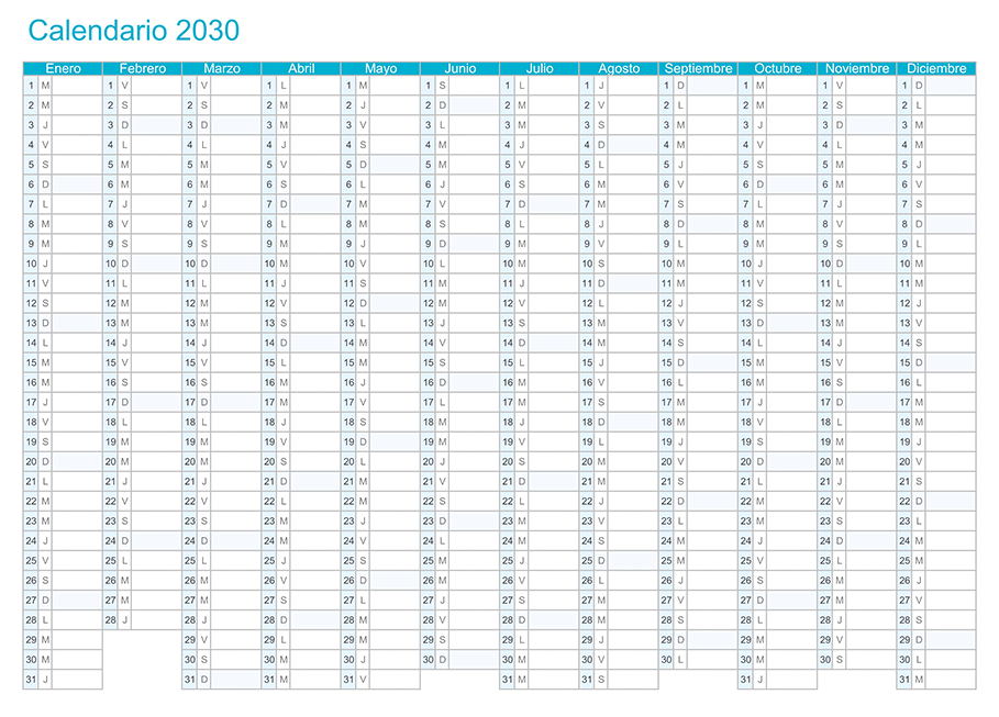 Calendario mensual 2030 en una sola hoja para imprimir Calendario mensual 2030 en una sola hoja para imprimir