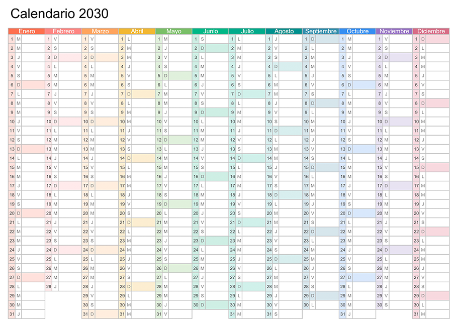 Calendario mensual 2030 con colores para imprimir Calendario mensual 2030 con colores para imprimir