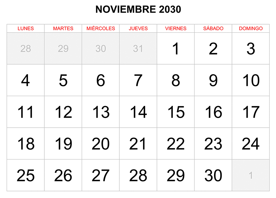 Calendario noviembre 2030 formato clásico para imprimir