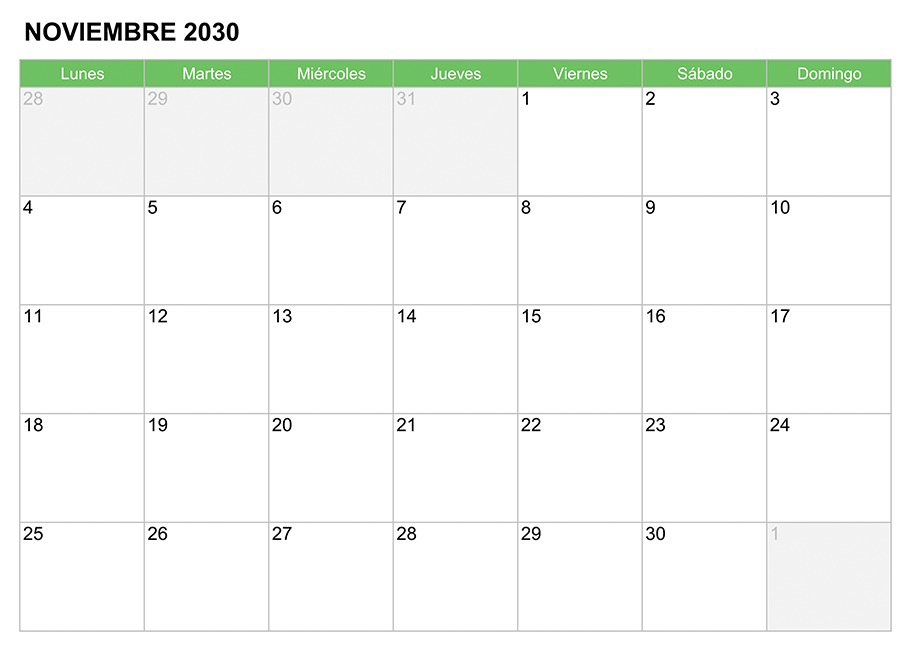 Calendario noviembre 2030 para escribir e imprimir