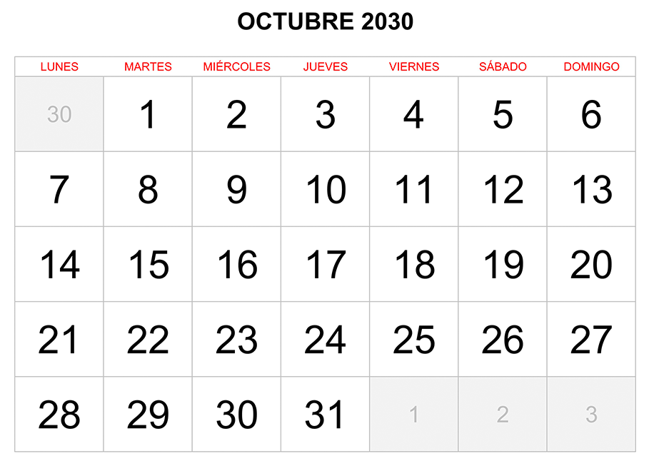 Calendario octubre 2030 formato clásico para imprimir