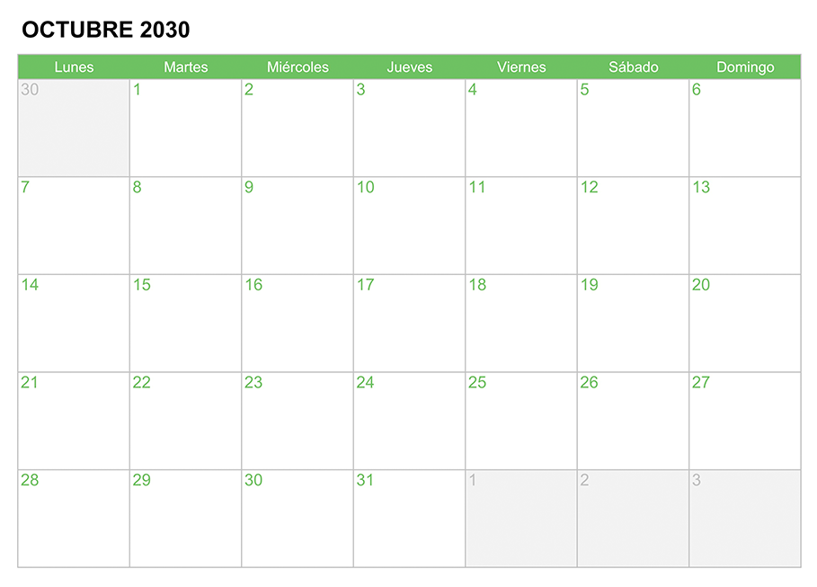 Calendario octubre 2030 para escribir e imprimir