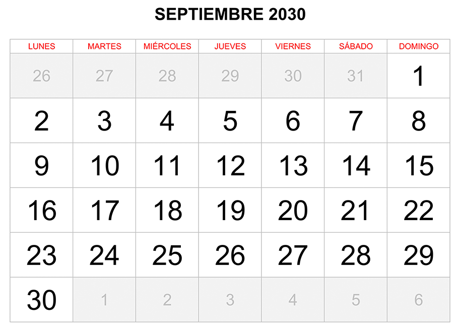 Calendario septiembre 2030 formato clásico para imprimir