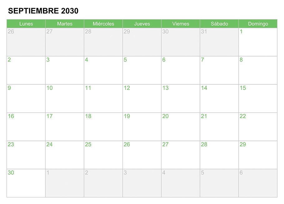Calendario septiembre 2030 para escribir e imprimir