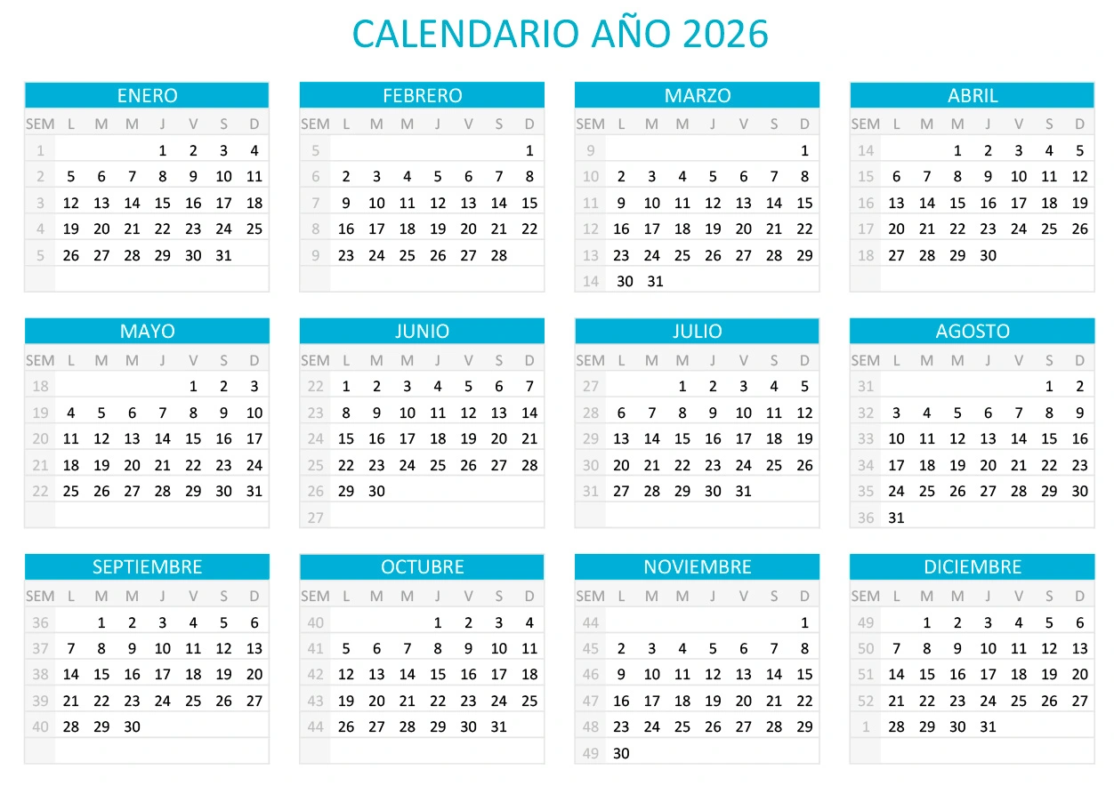 Calendario 2026 horizontal en una sola hoja para imprimir