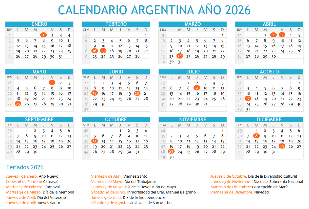 Calendario Argentina 2026 con feriados para imprimir