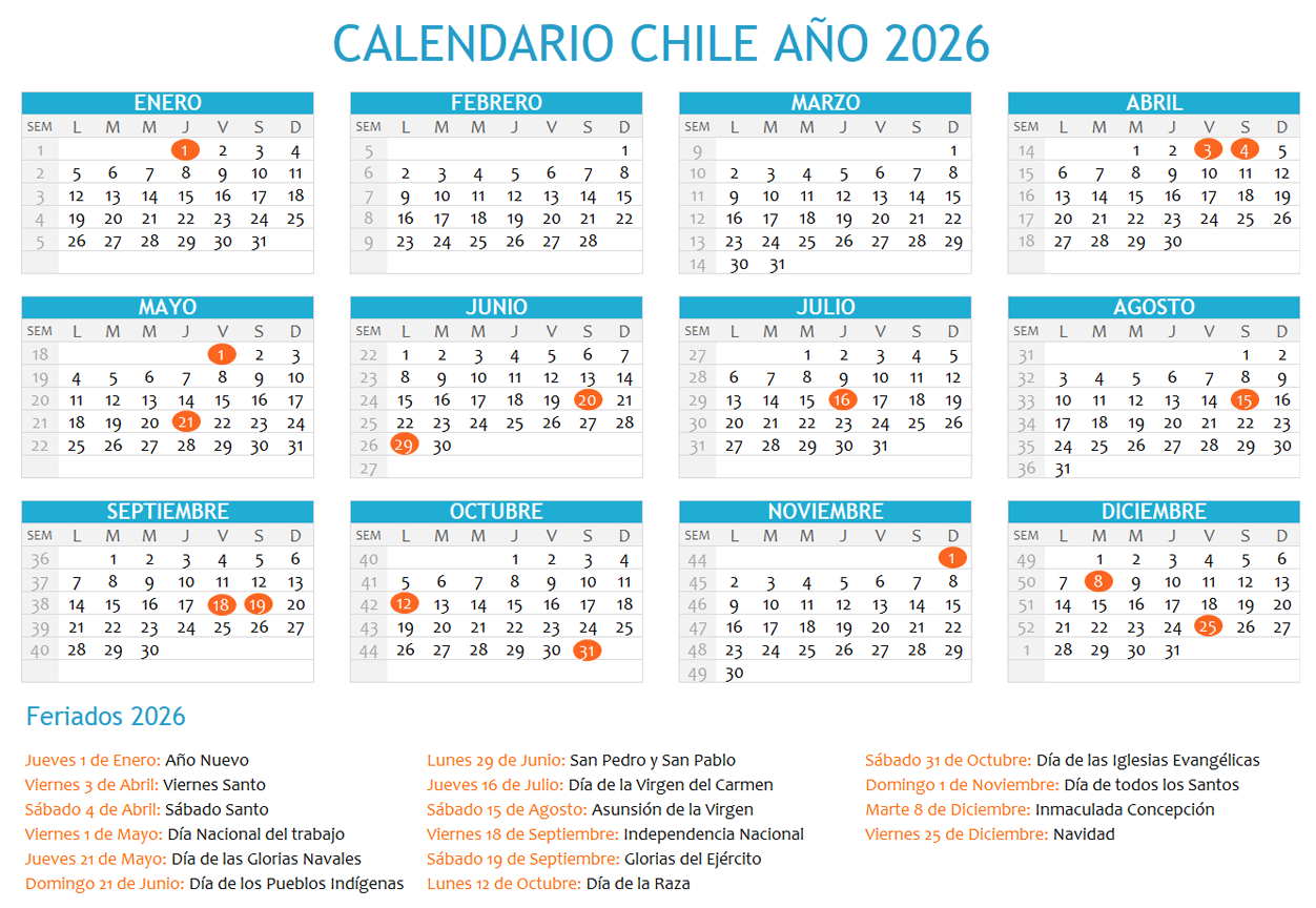 Calendario Chile 2026 con feriados para imprimir