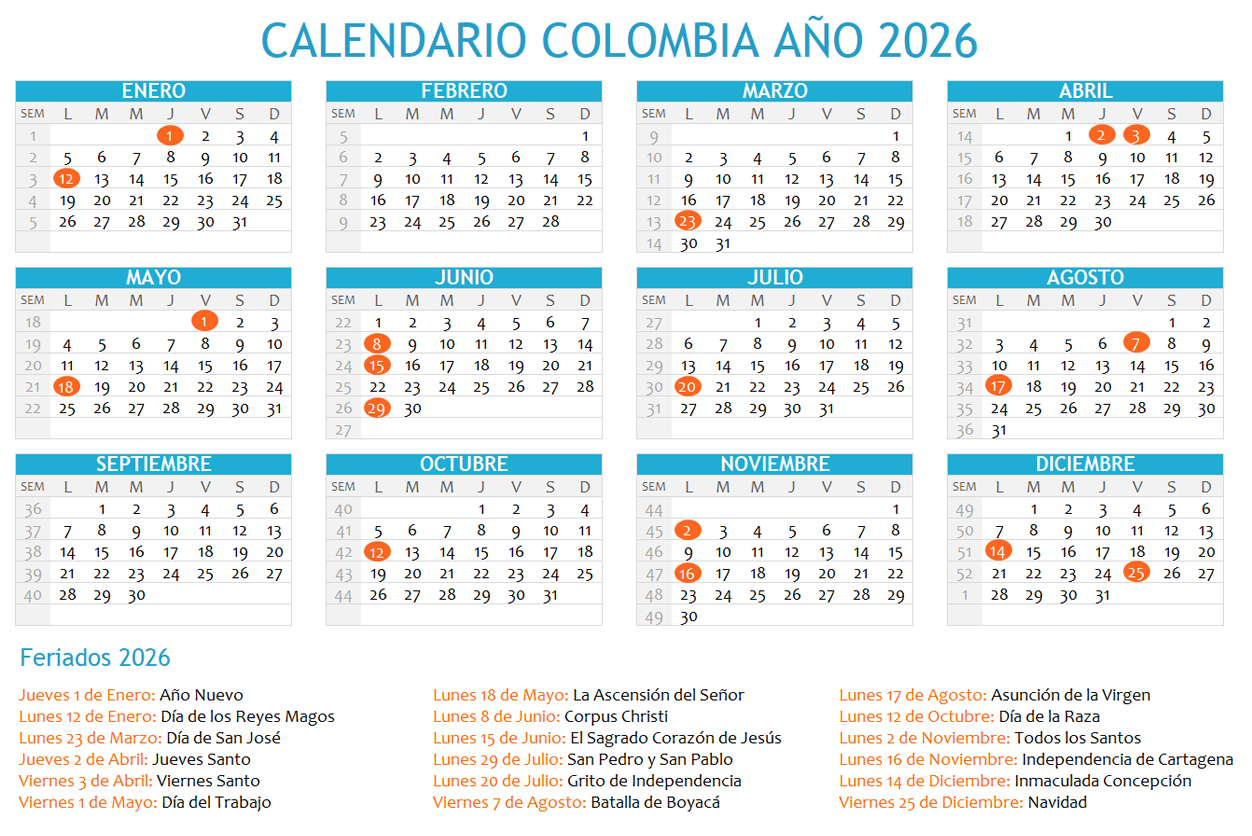 Calendario Colombia 2026 con feriados para imprimir