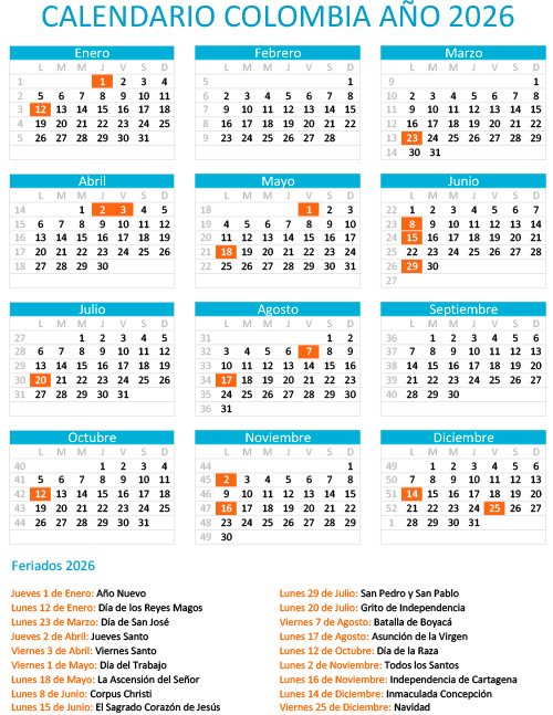 Calendario Colombia 2026 con festivos para imprimir (PDF y Excel)