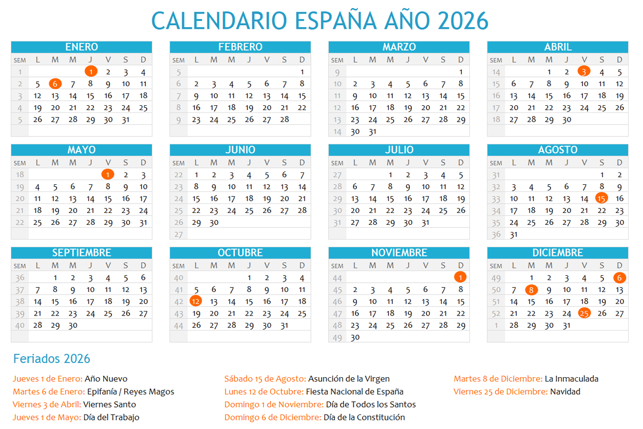 Calendario España 2026 con festivos para imprimir